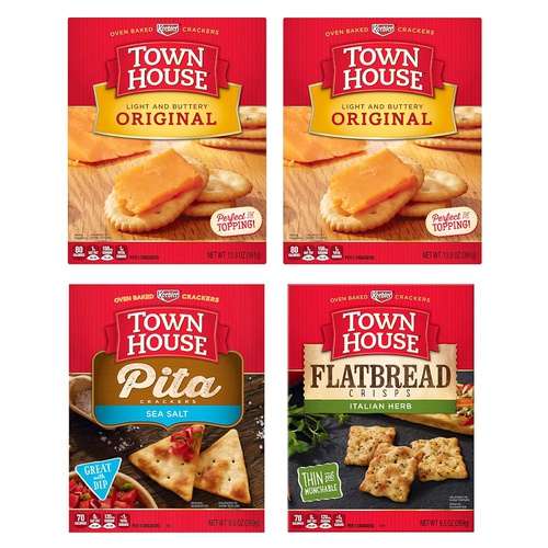  Kelloggs Town House Crackers, 3 Flavors Variety Pack, Ready to Dip Snacks (4 Count Case), 46.6 Ounce (Pack of 1)