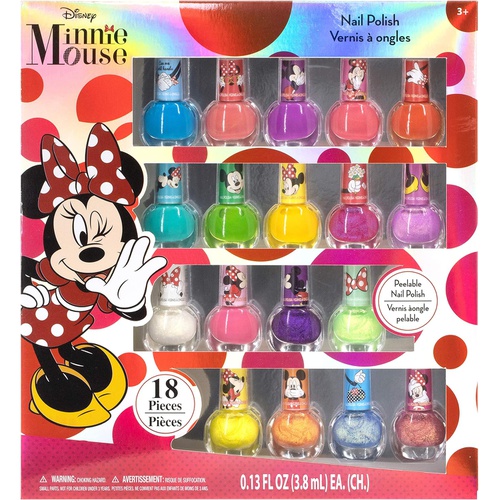  Townley Girl Disney Minnie Mouse Non-Toxic Peel-Off Nail Polish Set for Girls, Glittery and Opaque Colors, Ages 3+ - 18 Pack