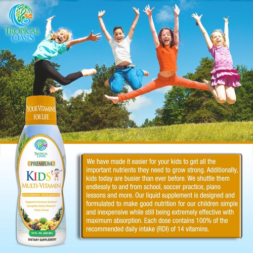  Tropical Oasis Premium Liquid Multivitamin For Kids Sugar Free Kids Vitamins 100% DV of 14 Vitamins for Kids Multivitamin for Children Ages 4+ Great Tasting, Non-GMO, Max 98% Absorption Rate- 16