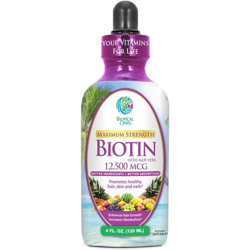  Tropical Oasis Maximum Strength Liquid Biotin Drops w/ 12,500 MCG  Best Vitamins for Fast Hair Growth, Reduced Hair Loss, Healthy Skin & Strong Nails -5X More Potent Than Pills Max Absorption,