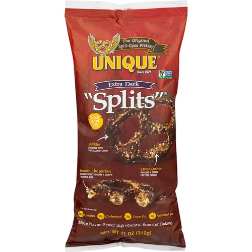  Unique Pretzels - Extra Dark Splits Pretzels, Homestyle Baked, Certified OU Kosher and non-GMO, 11 Bag Extra Dark (Pack of 6) No artificial flavors 66 Ounce