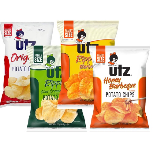  Utz Quality Foods 9 oz. Family Size Variety 4- Pack Potato Chips (Original, Sour Cream & Onion, BBQ, Honey BBQ)