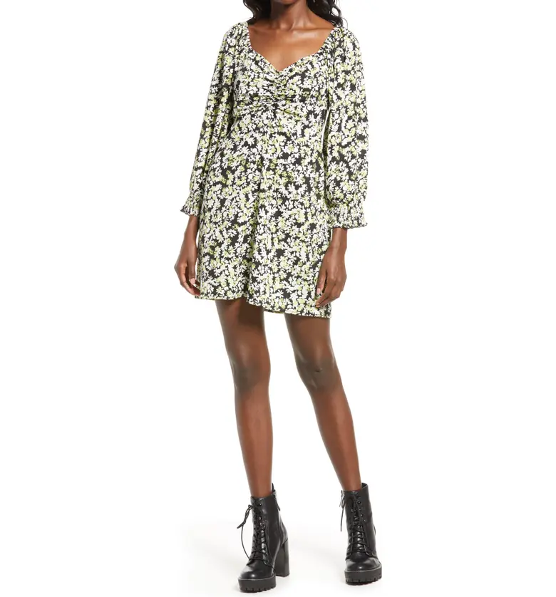 VERO MODA Chaddie Floral Long Sleeve Ruched Minidress_BLACK AOP GEMMA