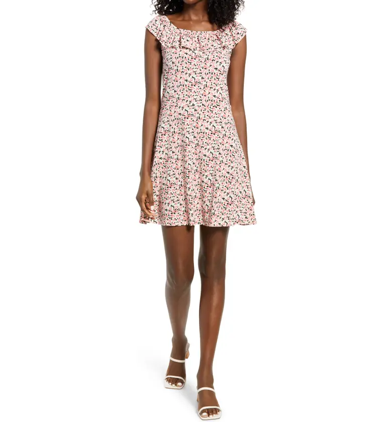 VERO MODA Kimmie Floral Ruffle Neck Minidress_ROSEATE SPOONBILL