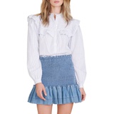 Veronica Beard Sonnet Stripe Ruffle Cotton Shirt_WHITE BLUE