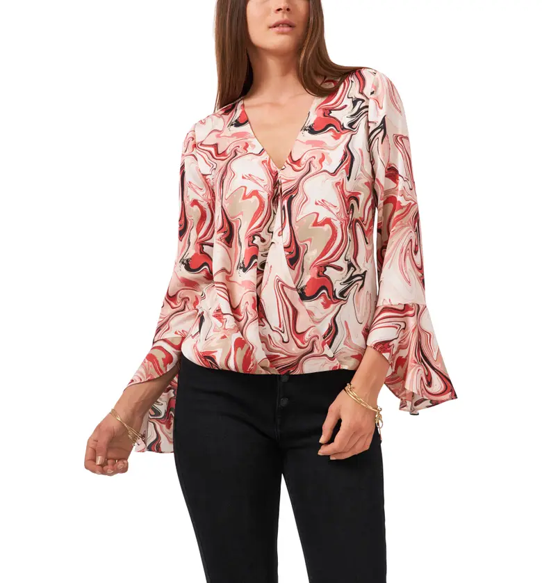 Vince Camuto Marbleized Ruffle Cuff Blouse_RED SEPIA