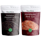 Viva Doria Malabar Peppercorn - Steam Sterilized Whole Black Pepper, 12 Oz Black Peppercorns and Himalayan Pink Salt (Coarse Grain) 2 lb for Grinder Refills