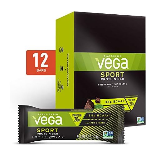  Vega Sport Vegan Protein Bar, Crispy Mint Chocolate, Post Workout Protein Energy Bars - Plant Based, Vegan, BCAAs, Vegetarian, Dairy Free, Gluten Free, Non GMO (12 Count)