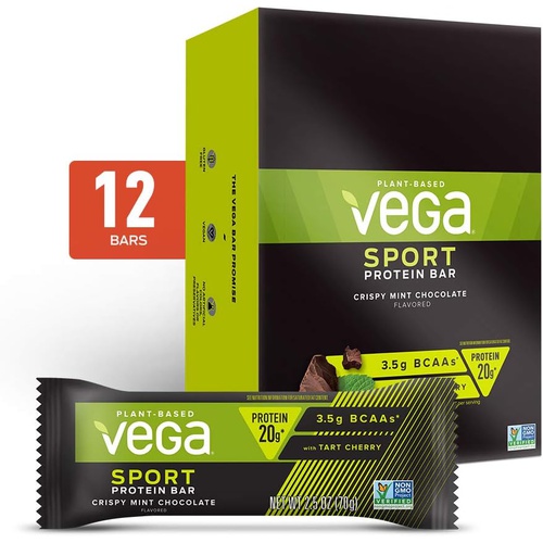  Vega Sport Vegan Protein Bar, Crispy Mint Chocolate, Post Workout Protein Energy Bars - Plant Based, Vegan, BCAAs, Vegetarian, Dairy Free, Gluten Free, Non GMO (12 Count)