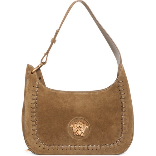 베르사체 Versace Medium La Medusa Suede Hobo_KHAKI-VERSACE GOLD