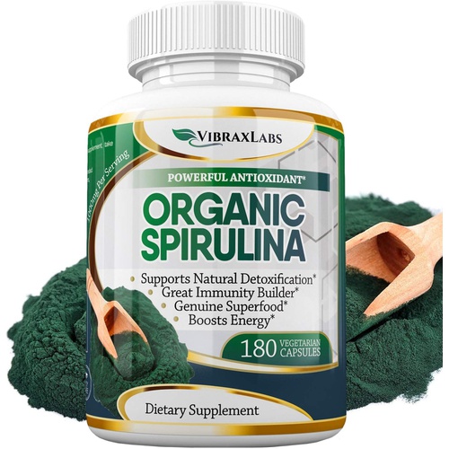  VibraxLabs Spirulina Capsules  100% Pure 1000mg Serving ( 500mg Veggie Capsules ) Powder Supplement, Supports Natural Detoxification, Benefits Health on a Cellular Level, Best wit