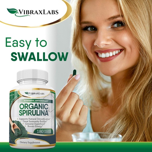  VibraxLabs Spirulina Capsules  100% Pure 1000mg Serving ( 500mg Veggie Capsules ) Powder Supplement, Supports Natural Detoxification, Benefits Health on a Cellular Level, Best wit