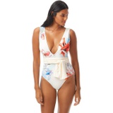 Vince Camuto Bright Floral Belted Plunge V-Neck One-Piece