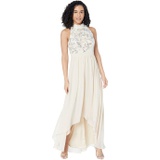 Vince Camuto High Neck Haltered Sequin Top Gown with High-Low Chiffon Skirt