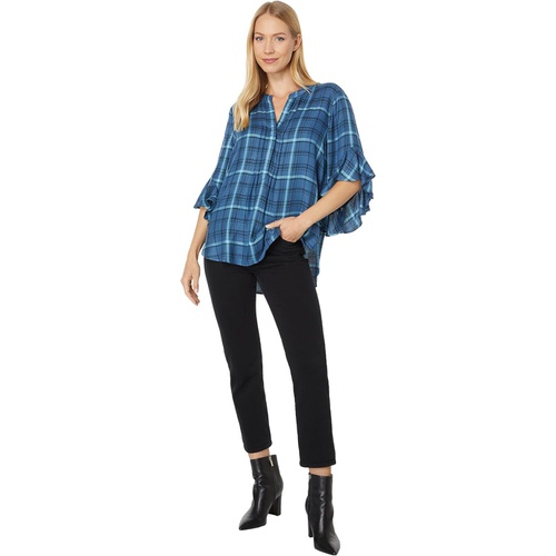  Vince Camuto Flutter Sleeve Pin Tuck Front Plaid Henley