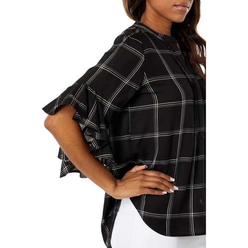  Vince Camuto Flutter Sleeve Plaid Henley Blouse