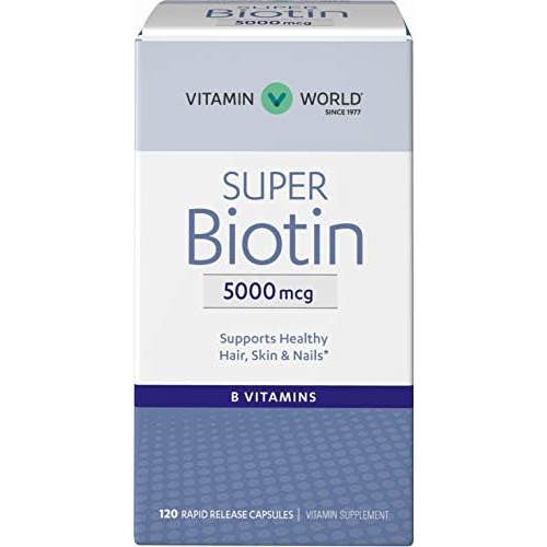  Vitamin World Super Biotin 5000 mcg. 120 Capsules, B Vitamin, Hair, Skin and Nails, Rapid-Release, Gluten Free