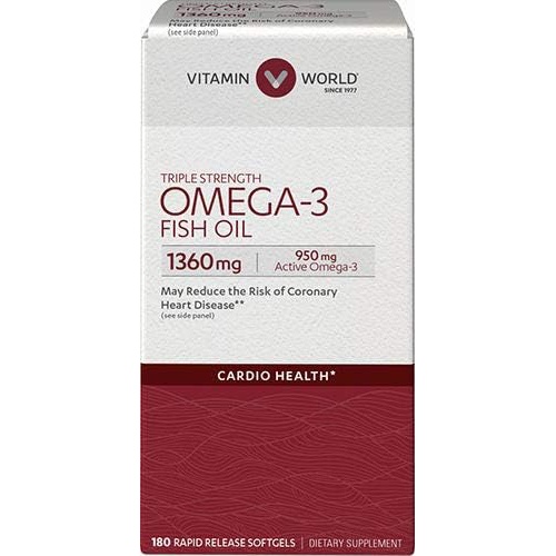  Vitamin World Triple Strength Omega-3 Fish Oil 1360 mg 180 softgels, 950 Active Omega-3, Heart Health, Cardio Support, Rapid-Release, Gluten Free