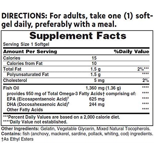  Vitamin World Triple Strength Omega-3 Fish Oil 1360 mg 180 softgels, 950 Active Omega-3, Heart Health, Cardio Support, Rapid-Release, Gluten Free