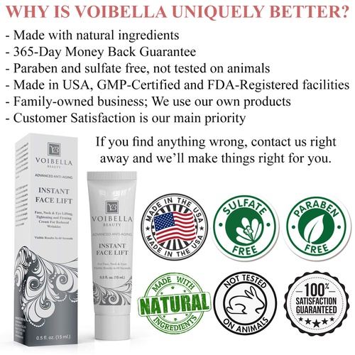  Voibella Beauty Instant Face Lift Cream - Best Eye, Neck & Face Tightening, Lifting & Firming Serum To Smooth Appearance of Loose Sagging Skin, Puffiness, Fine Lines & Wrinkles Within 1 Minute (Pe