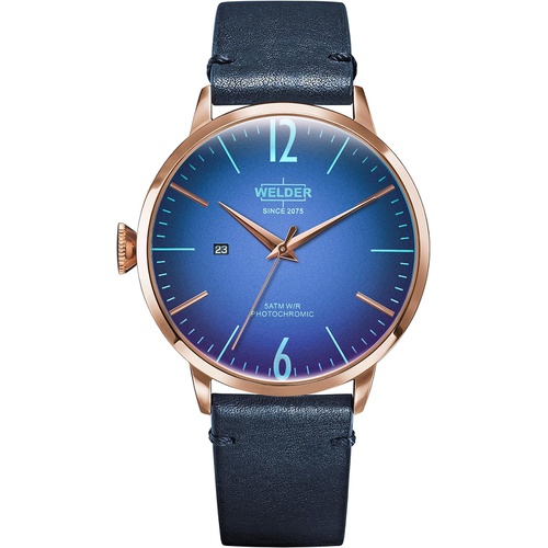  Welder Moody Blue Leather 3 Hand Rose Gold-Tone Watch with Date 45mm