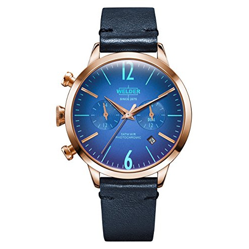  Welder Moody Blue Leather Dual Time Rose Gold-Tone Watch with Date 38mm