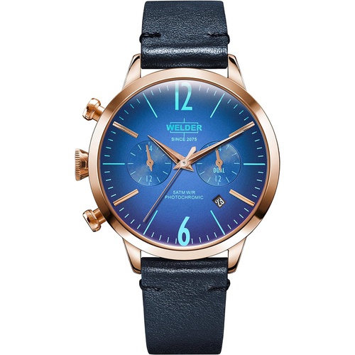  Welder Moody Blue Leather Dual Time Rose Gold-Tone Watch with Date 38mm