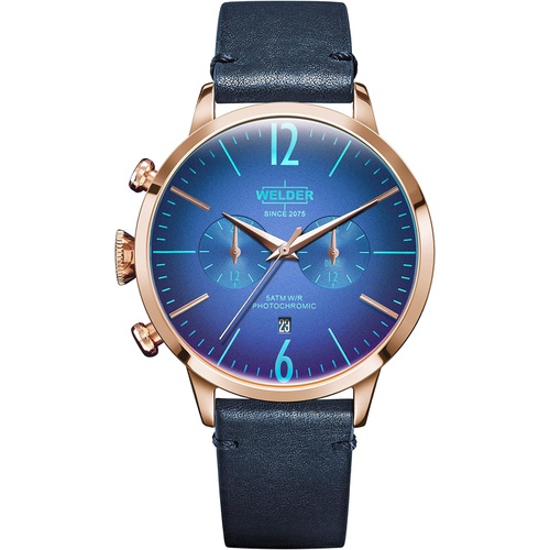  Welder Moody Blue Leather Dual Time Rose Gold-Tone Watch with Date 42mm