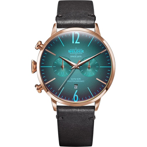 Welder Moody Black Leather Dual Time Rose Gold-Tone Watch with Date 45mm