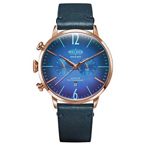  Welder Moody Blue Leather Dual Time Rose Gold-Tone Watch with Date 45mm