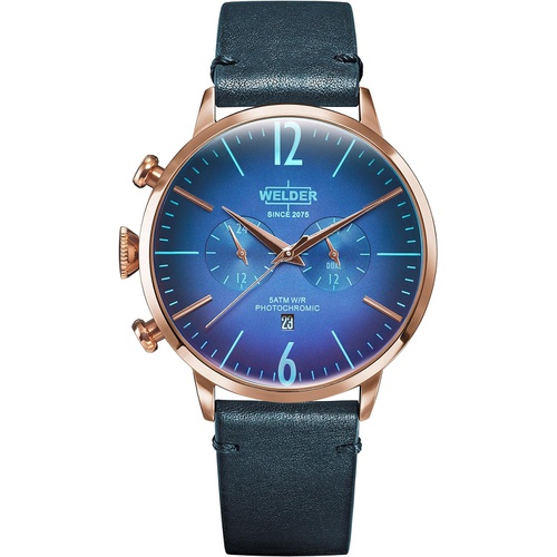  Welder Moody Blue Leather Dual Time Rose Gold-Tone Watch with Date 45mm