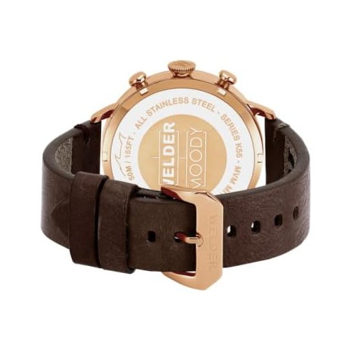  Welder Moody Dark Brown Leather Dual Time Rose Gold-Tone Watch with Date 45mm