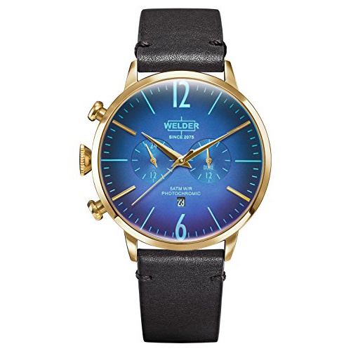  Welder Moody Black Leather Dual Time Gold-Tone Watch with Date 45mm