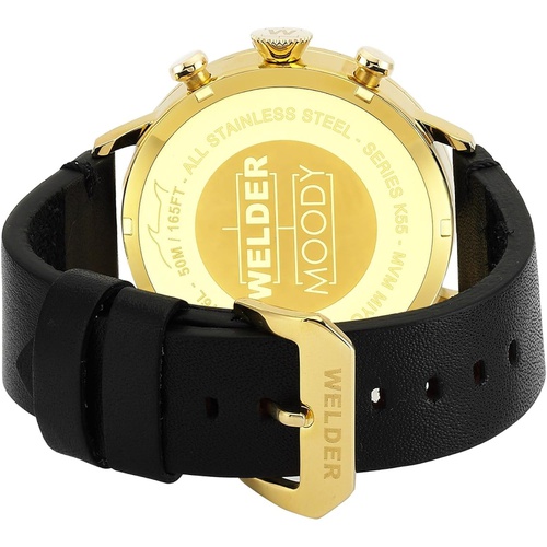  Welder Moody Black Leather Dual Time Gold-Tone Watch with Date 45mm