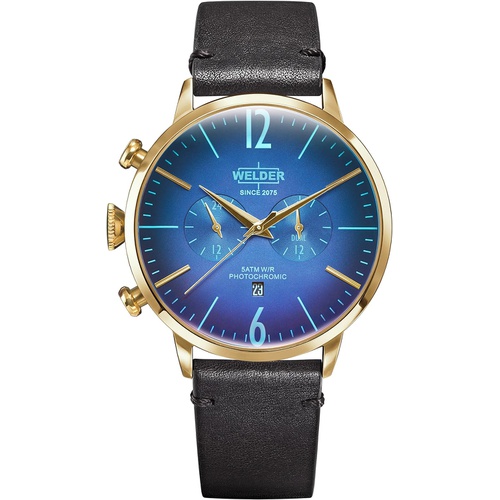  Welder Moody Black Leather Dual Time Gold-Tone Watch with Date 45mm