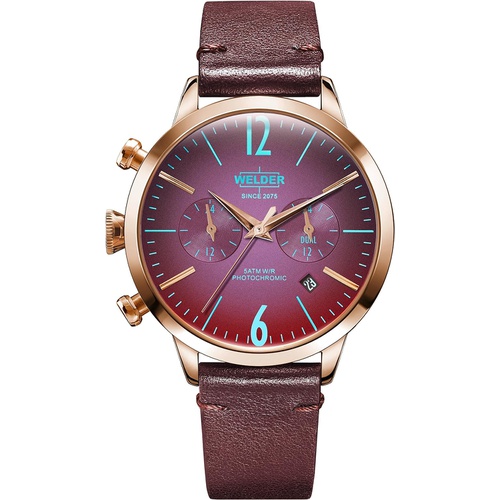  Welder Moody Burgundy Leather Dual Time Rose Gold-Tone Watch with Date 38mm
