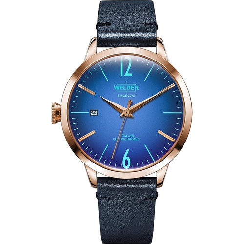  Welder Moody Blue Leather 3 Hand Rose Gold-Tone Watch with Date 38mm