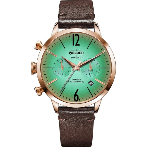  Welder Moody Dark Brown Leather Dual Time Rose Gold-Tone Watch with Date 38mm