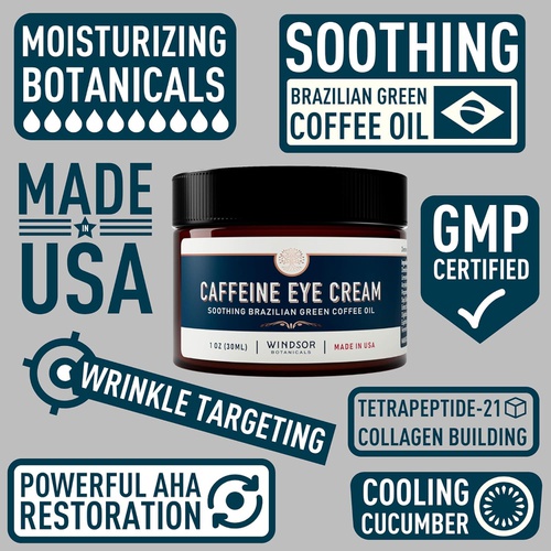  Anti-Aging Caffeine Eye Cream - Windsor Botanicals Age-Defying AHA Formula - Moisturizes, Reduces Wrinkles, Dark Circles and Puffiness - With Soothing 100 Percent Pure Brazilian Gr