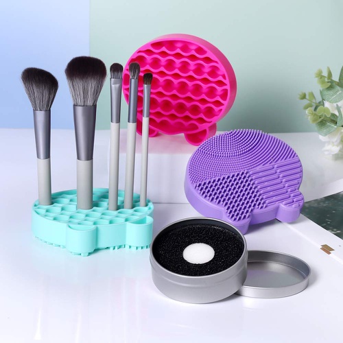  WSH Silicone makeup brush cleaning pad, 2 in 1 brush cleaning pad, brush cleaning pad with brush drying rack, brush washing pad, portable washing tool with sponge dry makeup removal (p