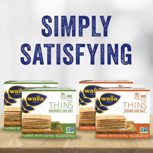  Wasa Thins Flatbread Crackers Variety 4 Pack, Rosemary & Sea Salt (Pack Of 2) & Sesame & Sea Salt (Pack Of 2), No Saturated Fat (1.5g - 2.0g Total Fat) & 0g of Trans Fat, No Choles