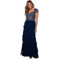 XSCAPE Long Cap Sleeve Tiered Gown with Appliques