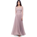 XSCAPE Long Chiffon Dress with Illusion Sequin Long Sleeves