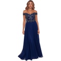 XSCAPE Long Off-the-Shoulder Chiffon with Bead Top