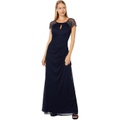 XSCAPE Long Sheer Matte Jersey Beaded Dress with Cap Sleeve