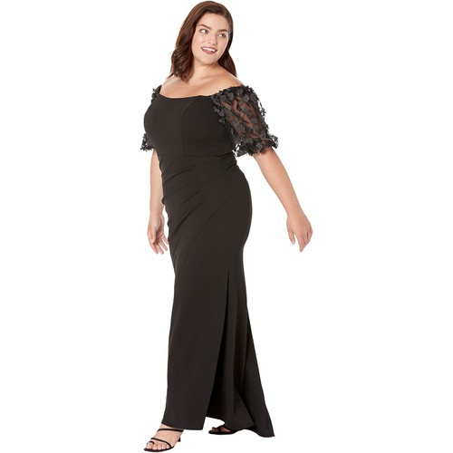  XSCAPE Long Scuba Crepe Off-the-Shoulder Dress with 3-D Flower