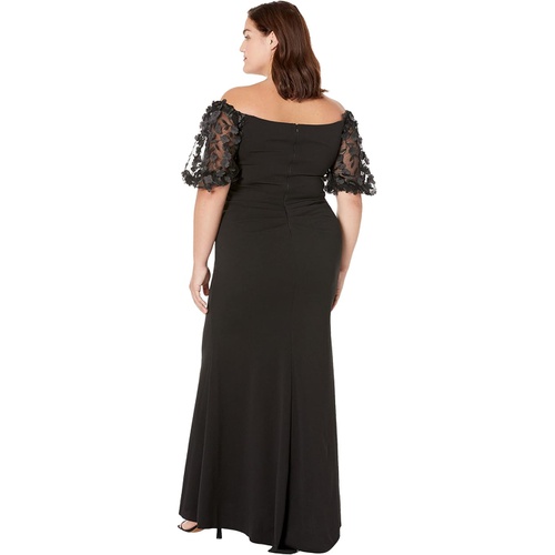  XSCAPE Long Scuba Crepe Off-the-Shoulder Dress with 3-D Flower