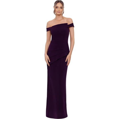  XSCAPE Long Pleated Scuba Off-the-Shoulder Dress