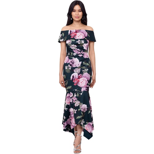  XSCAPE Midi Printed Scuba Off-the-Shoulder