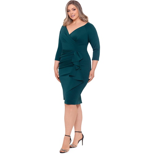  XSCAPE Plus Size Short Scuba Side Ruffle Long Sleeve